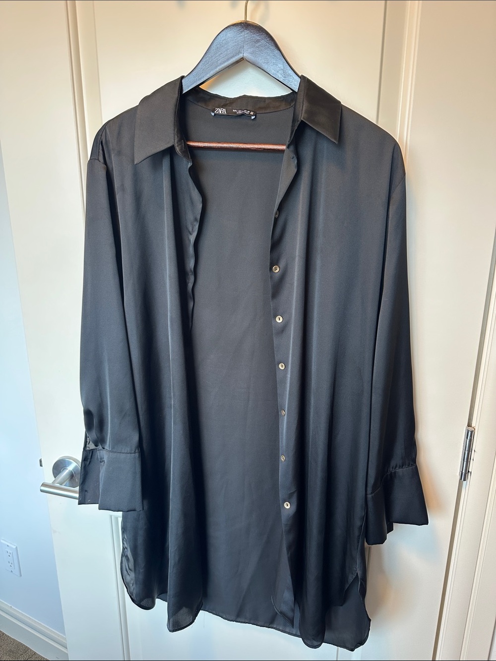 Zara Black Satin Oversized Button-Down Shirt